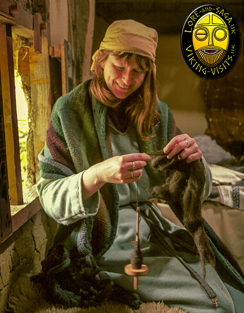 Debs spinning wool in the Grubenhouse at Danelaw Viking  - Image copyrighted © Gary Waidson. All rights reserved.